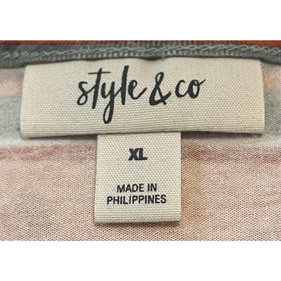 STYLE & CO. CAP SLEEVE PULL-OVER V-NECK BLOUSE, XL, GREEN PEACH ORG YELL STRIPES - Picture 9 of 11